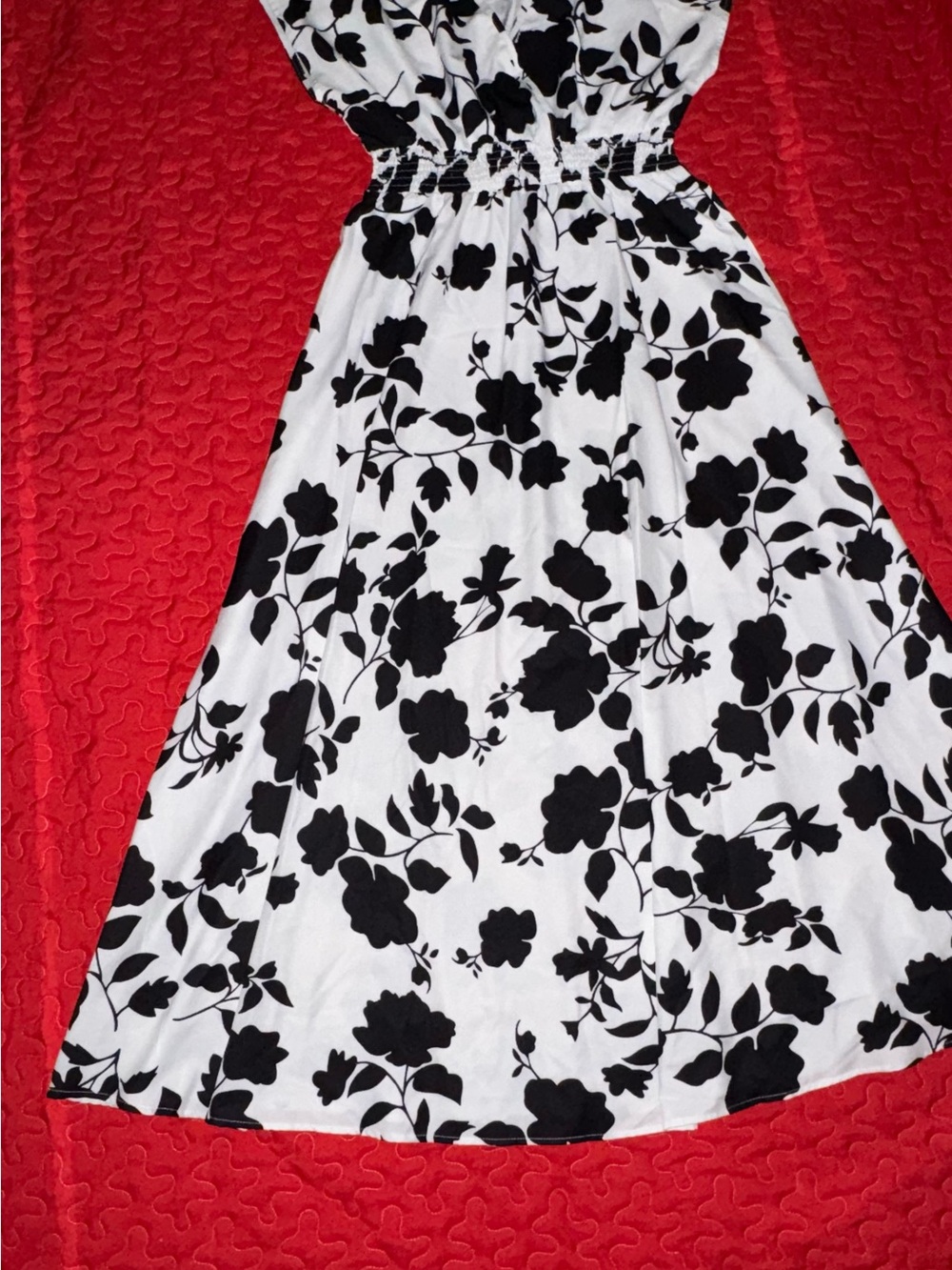White Maxi Dress with Black Floral Print and Smocked Waist - Picture 3 of 3